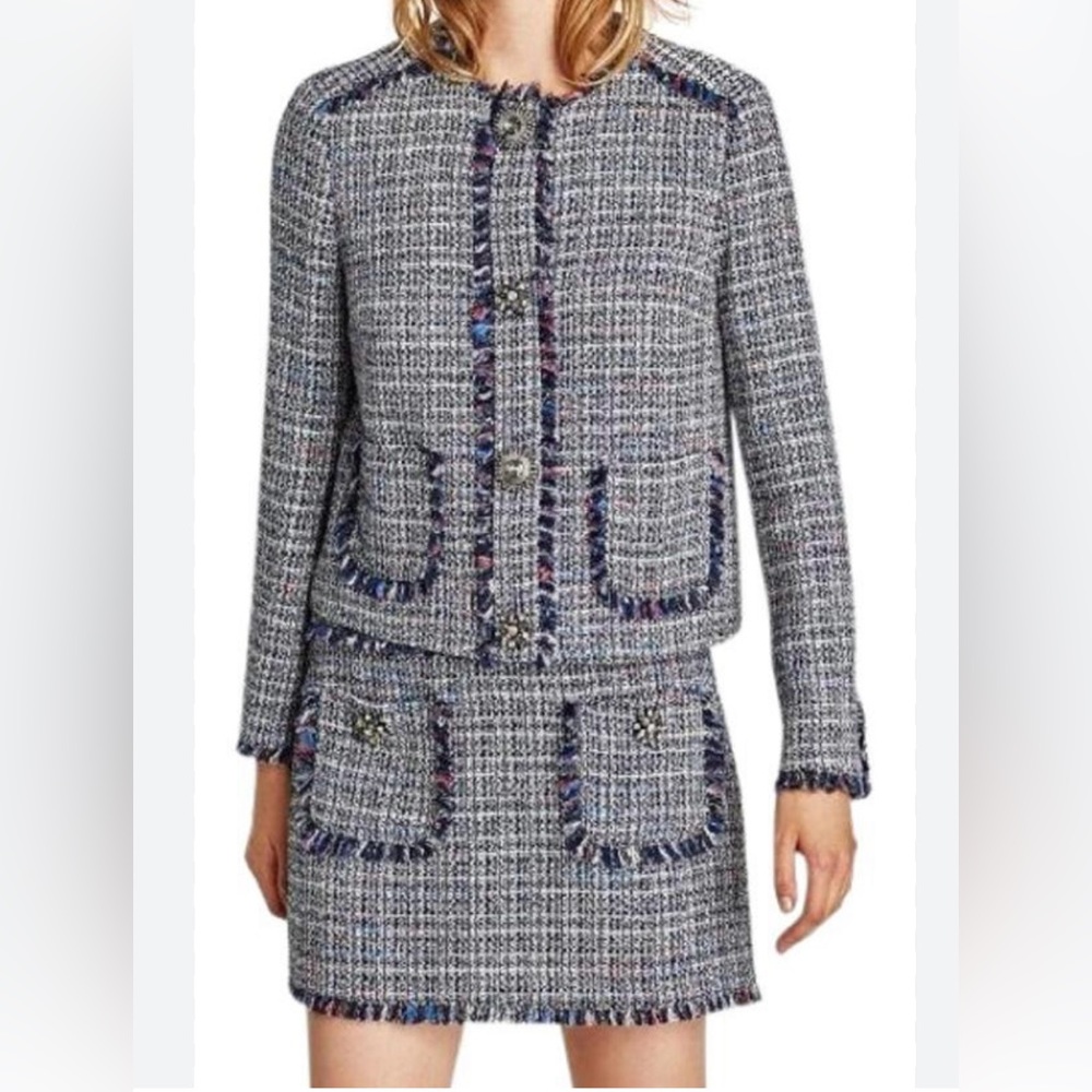 Zara Blue Tweed Jacket and Skirt Set With Gem Buttons Size Small